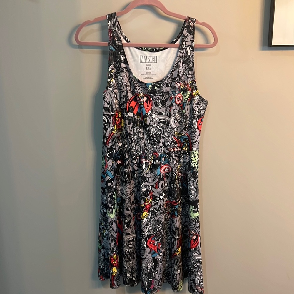 Marvel Black Gray Comic Print Tank Dress with Red and Yellow Accents